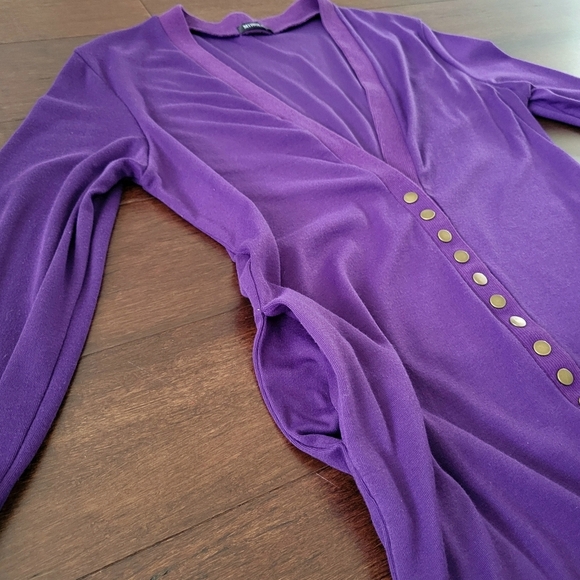 Women's Purple Longline Slim Fit V-Neck Ribbed Hem Cardigan Sweater Size L - Picture 5 of 8